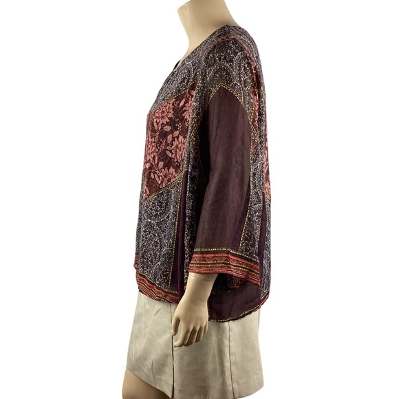 Cato Sheer Sleeve Boho Print Keyhole Blouse 22/24W Burgundy Black - Picture 4 of 7